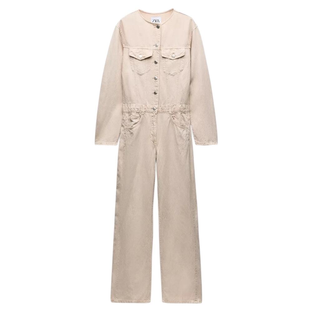 Zara NWT‎ Beige Denim Linen Blend Jumpsuit XS - Picture 3 of 6